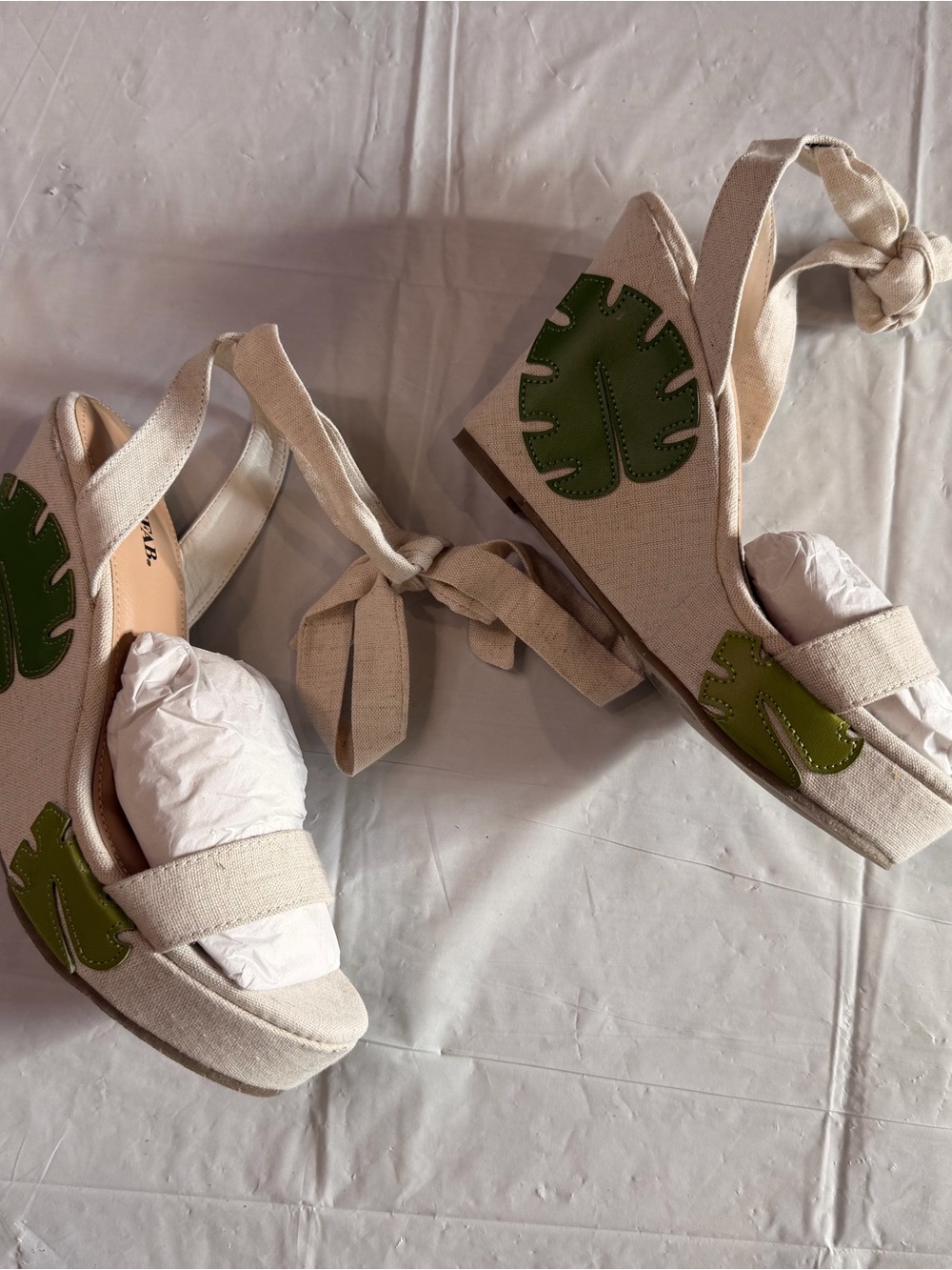 JustFab Canvas Espadrille Wedge Sandals with Green Leaf Accent